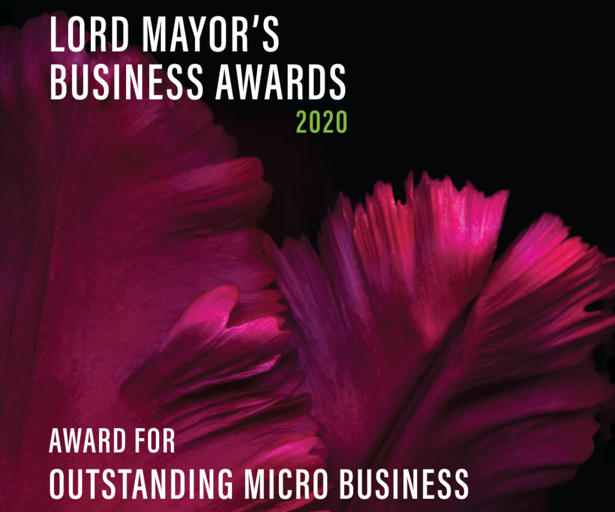 Lord Mayor's Business Awards 2020: Outstanding Micro Business. Award graphic with pink floral design.