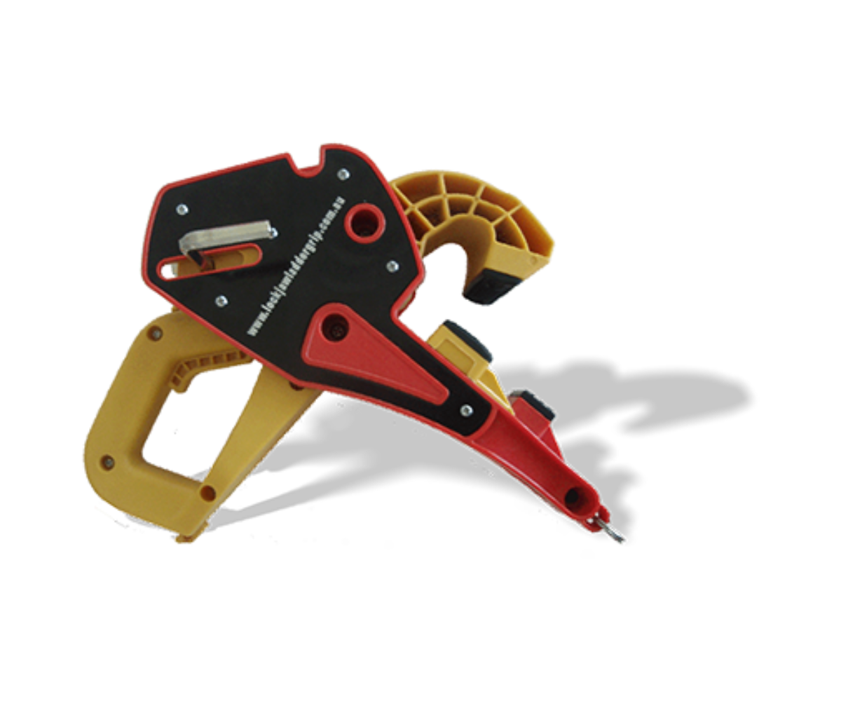 Lock Jaw Ladder Grip safety clip in yellow, red, and black, isolated on a white background.
