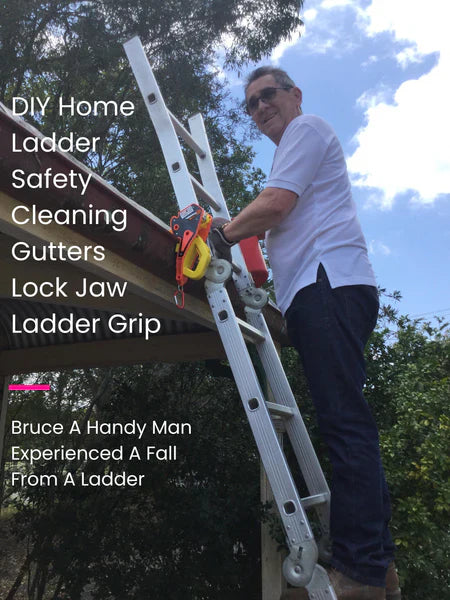 A photo of a person climbing the ladder using lock jaw ladder grip as ladder safety device with a text in the photo