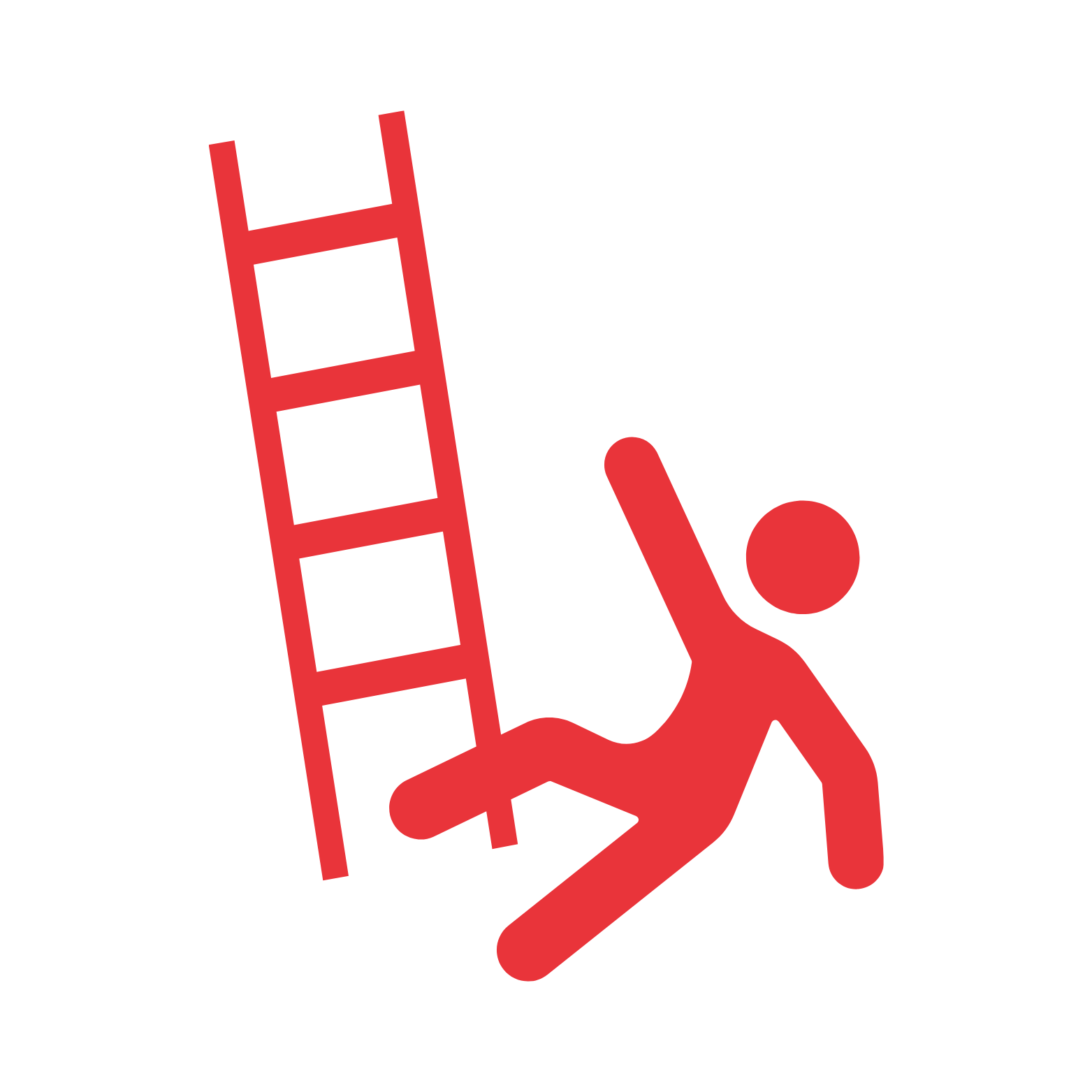 A red warning sign depicting a person falling from a ladder, with a red ladder symbol to the left.