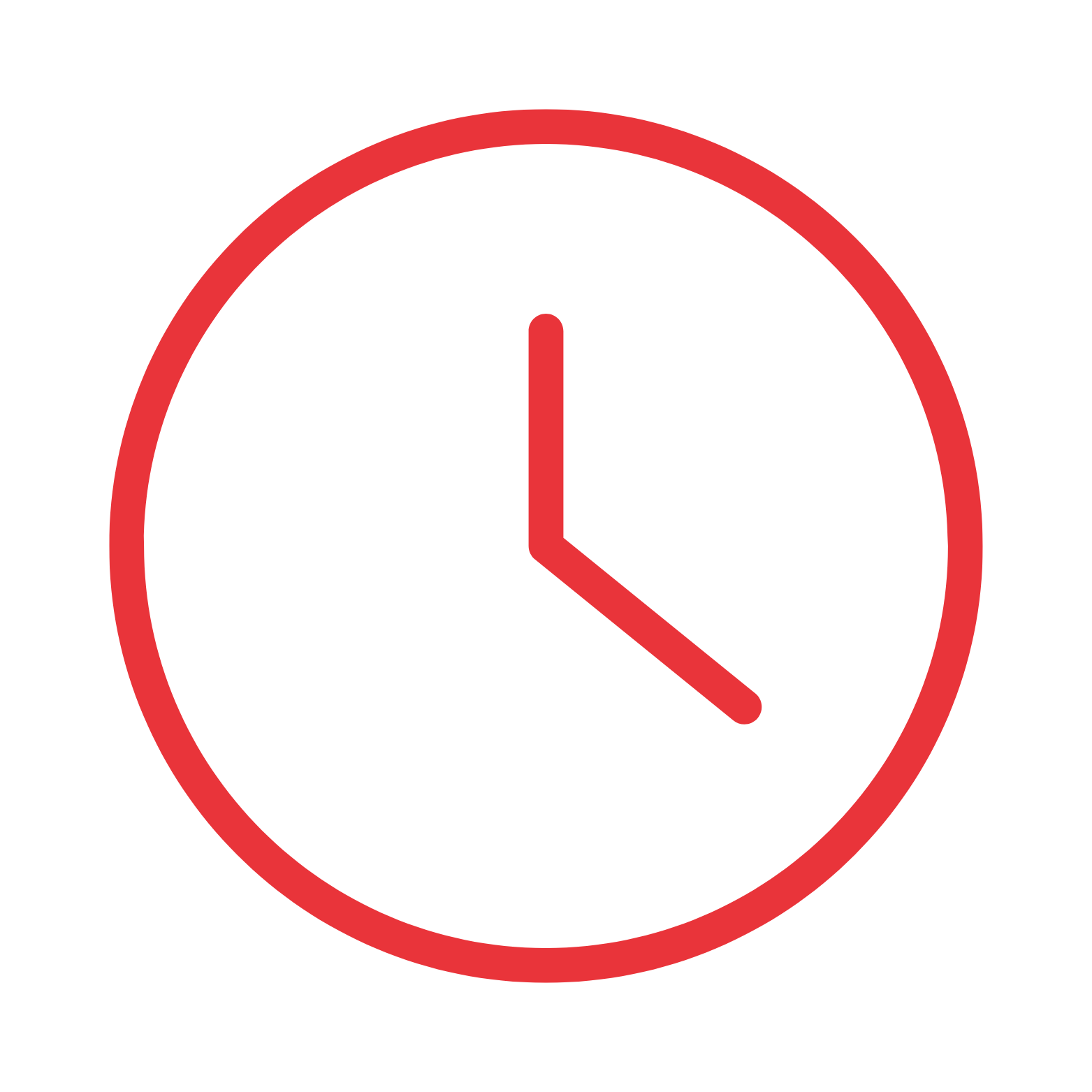 A simple red outline of a clock face centered on a white background.