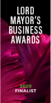 Lord Mayor's Business Awards 2020 Finalist badge, silver text on a vibrant pink and black abstract background.