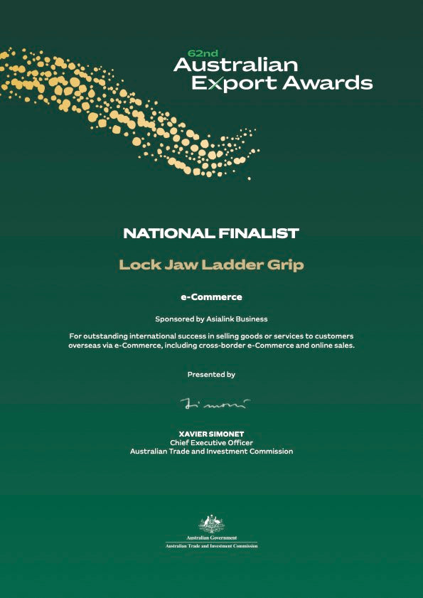Text graphic announcing "NATIONAL FINALIST" for "Lock Jaw Ladder Grip" in "e-Commerce" at the "62nd Australian Export Awards