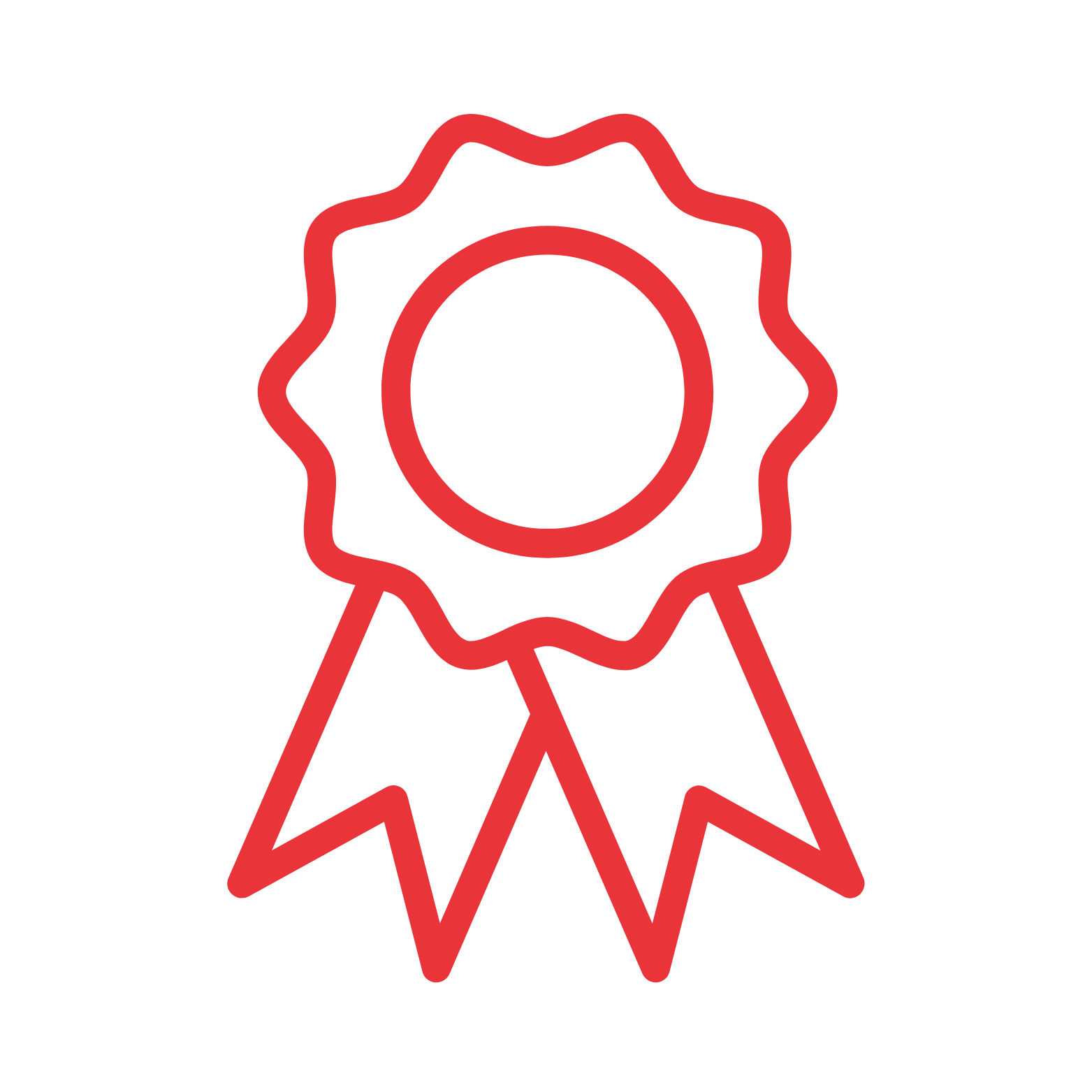 A simple red line drawing of a rosette award with a circular center and two ribbon tails.