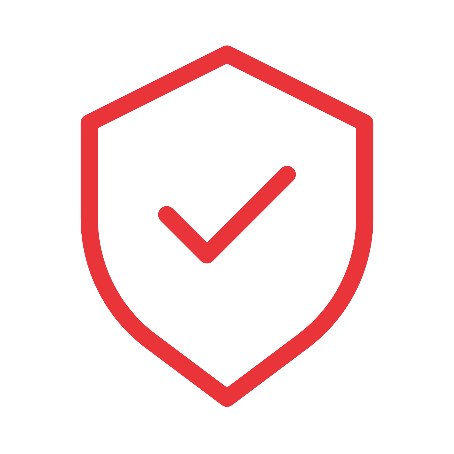 A simple red outline of a shield with a red checkmark inside it, centered on a white background.