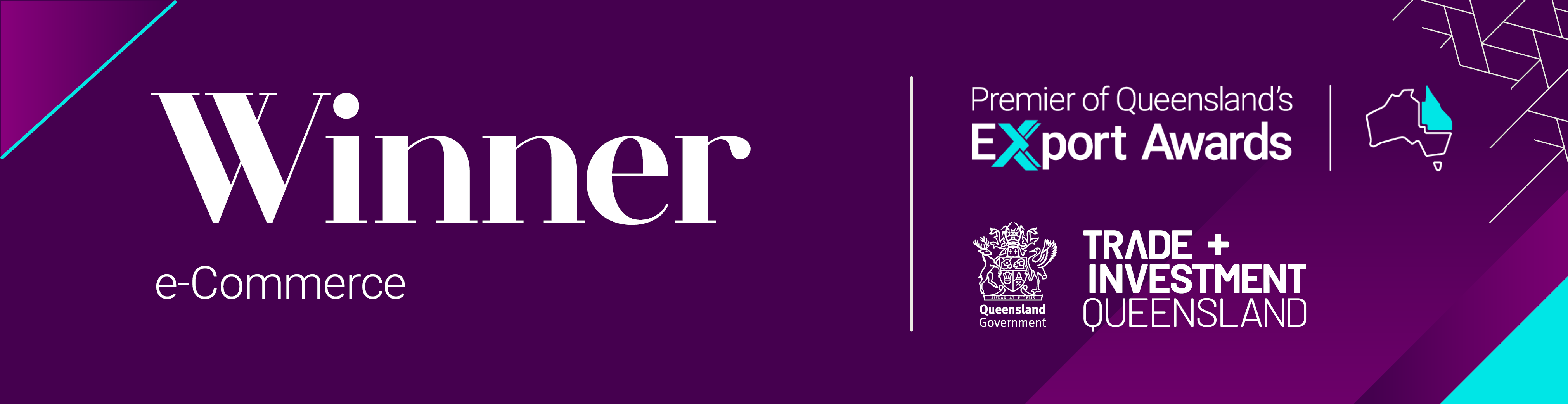 The image shows a purple banner with the word "Winner" in white, along with logos for Queensland's Export Awards and Trade + Investment Queensland. The text "e-Commerce" is below "Winner."