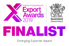 The image shows a purple and pink logo for the Queensland Export Awards 2019, with the text "FINALIST" and "Emerging Exporter Award".