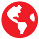 Red circular icon with a white silhouette of the globe, possibly representing global reach or international service.