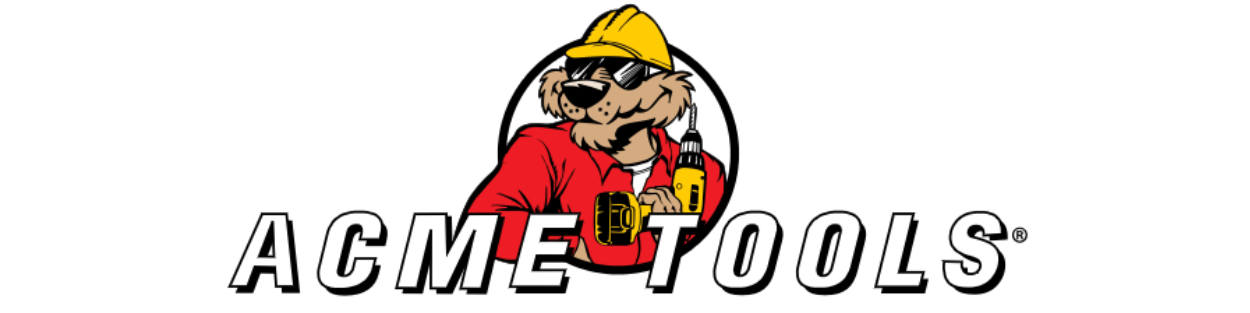 Acme Tools logo featuring a dog in a yellow hard hat, red shirt, and sunglasses holding a power tool.