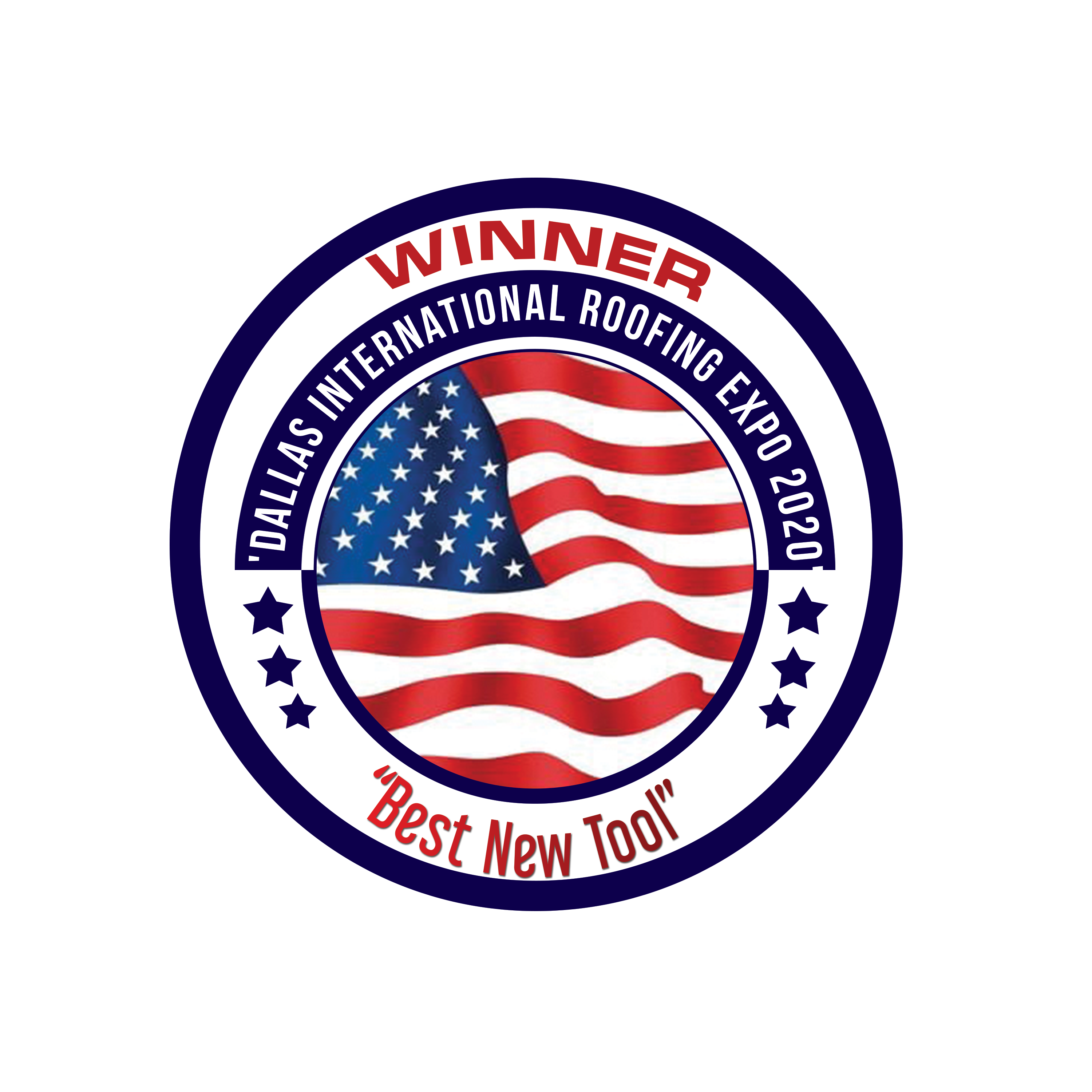 A circular logo for the Dallas International Roofing Expo 2020 features an American flag and the text "Winner" and "Best New Tool".