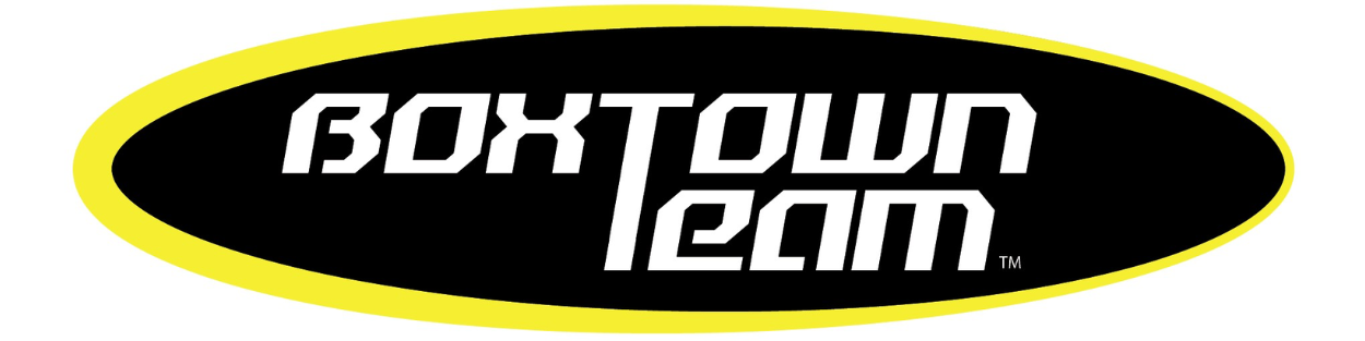 Boxtown Team logo with white text inside a black oval outlined in yellow