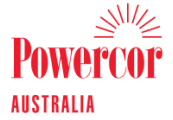 Red "Powercor AUSTRALIA" logo with a sunburst icon above on a black background.