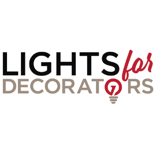 Lights for Decorators logo with bold black and red text, where the letter O is designed as a red light bulb.