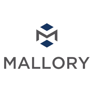 Mallory logo with gray text and a geometric M-shaped symbol in gray and blue above it.