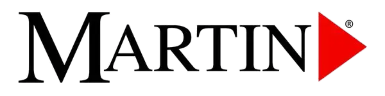 Martin logo with black text followed by a red triangular arrow pointing right.