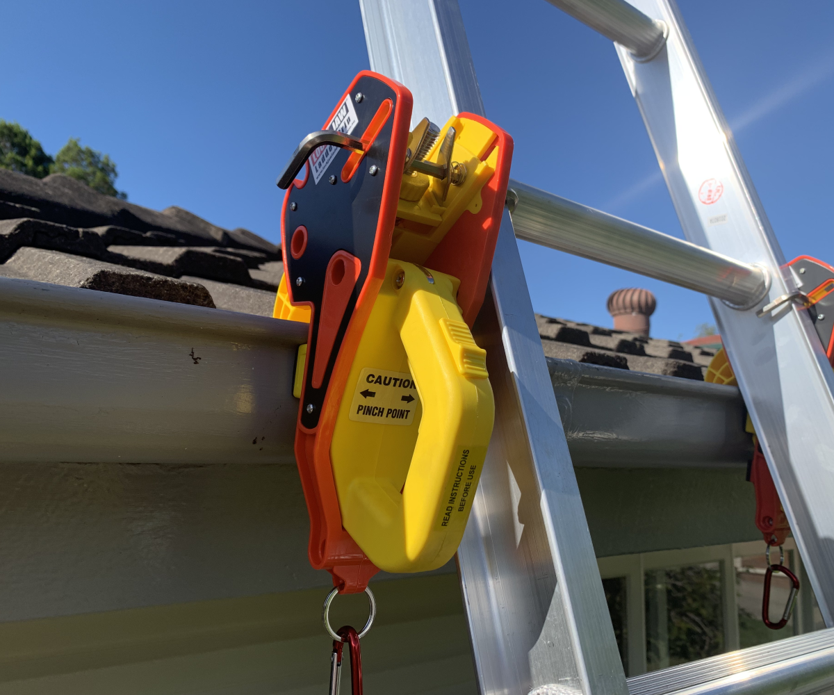 Ladder secured to gutter with Lock Jaw clamp,