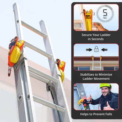 Extension ladder fitted with Lock Jaw Ladder Grip; panel shows 5-second setup, stabilises movement, prevents falls.