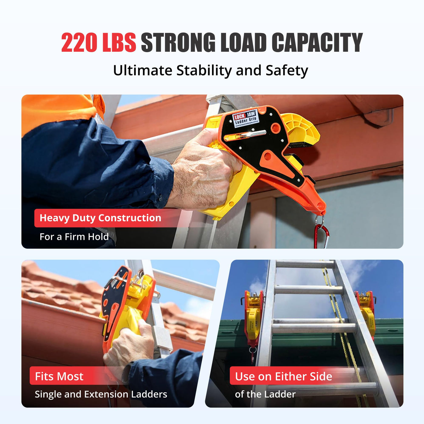 Graphic shows Lock Jaw Ladder Grip rated 220 lbs, heavy-duty clamp fits most ladders, mounts either side for safety.