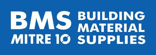 The "BMS Mitre 10 Building Material Supplies" logo in white text on a blue background.