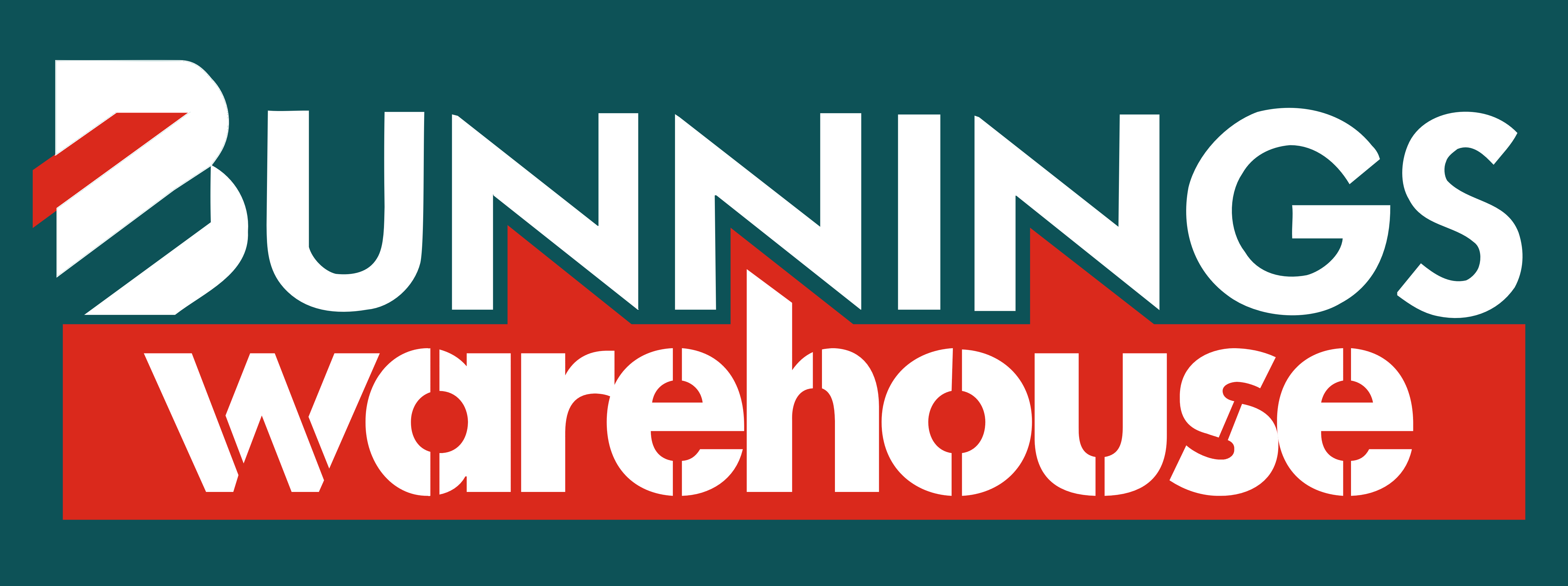 The Bunnings Warehouse logo: white stylized text "BUNNINGS" above "warehouse" on a red rectangle, set against a dark teal background.