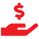 Red hand icon holding a dollar sign, symbolizing financial support, payment, donation, or monetary assistance.