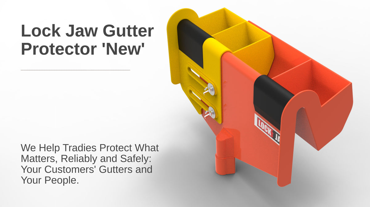 Gutter protector tool, orange and yellow, for tradies to safely protect gutters and workers.