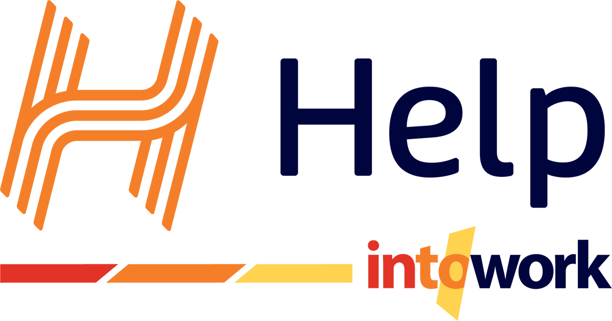 Help into work logo with orange abstract H icon, navy 'Help' text, and red-orange-yellow bar accents on black.