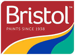 The Bristol Paints logo features the word "Bristol" in white on a red background, with "PAINTS SINCE 1938" below. A wave-like design in yellow, blue, and green is at the bottom.
