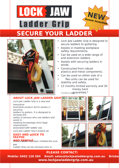 Promotional flyer for Lock Jaw Ladder Grip, highlighting its safety features and ease of use with multiple product images.